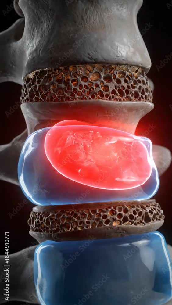 3D animation of a human spine with a highlighted red painful disc and a ...