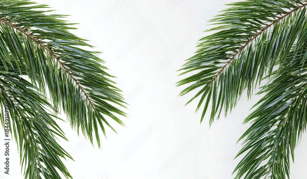 Fototapeta premium Christmas decoration with green fir or pine branch and palm leaf on white backgroundChristmas decoration with green fir or pine branch and palm leaf on white background