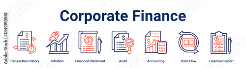 Corporate Finance banner web icon vector illustration concept for business with icon of Transaction History, Inflation, Financial Statement, Audit, Accounting, Cash Flow, Financial.