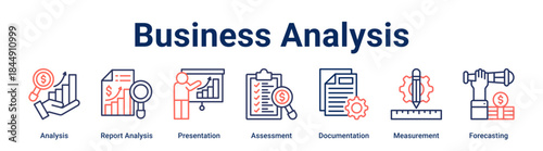 Business Analysis banner web icon vector illustration concept for business with icon of Analysis, Report Analysis, Presentation, Assessment, Documentation, Measurement.