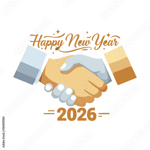 Happy New Year, 2026, New Year, handshake, business, partnership, agreement, deal, success, future, cooperation, trust, greeting, celebration, resolution, starting over, vector, illustration, flat des