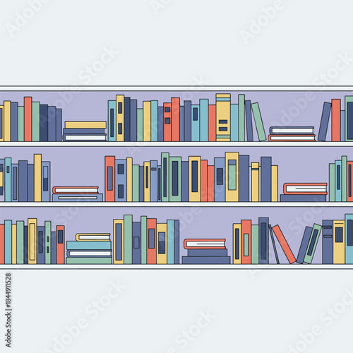 Colorful Bookshelf Illustration - A Vibrant Collection of Books on Shelves.