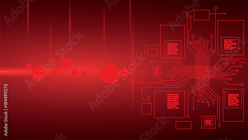Abstract red background featuring a digital circuit board and light beam