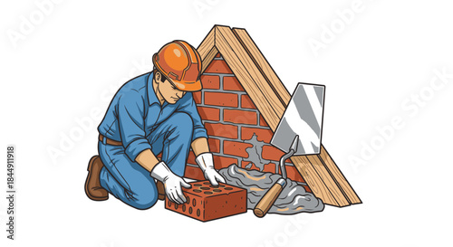An illustration depicts a skilled construction worker meticulously laying bricks to build a sturdy wall, showcasing the essential craft of masonry and home improvement.