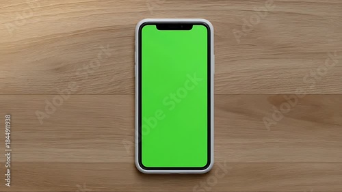 Vertical Top Down View, Mobile Phone Green Screen Centered on Wooden Table