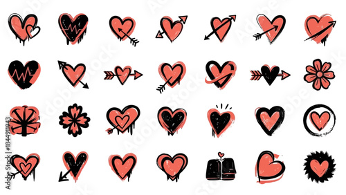 Collection of handdrawn red and black heart icons with grunge texture