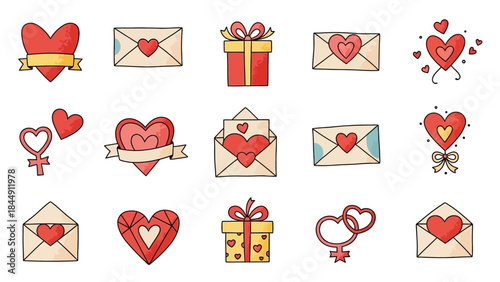 Collection of 15 handdrawn watercolor icons featuring hearts envelopes gifts and female symbols