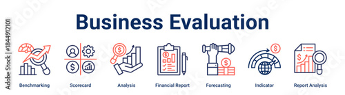 Business Evaluation banner web icon vector illustration concept for business with icon of Benchmarking, Scorecard, Analysis, Financial Report, Forecasting, Indicator, Report.