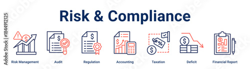 Risk & Compliance banner web icon vector illustration concept for business with icon of Risk Management, Audit, Regulation, Accounting, Taxation, Deficit, Financial Report.