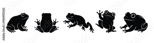 Set of Silhouettes Illustrating Five Frogs in Various Poses