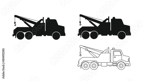 Illustrations of tow trucks in different styles and perspectives