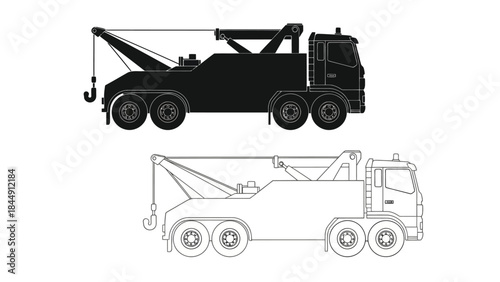 Detailed illustration of a tow truck in both black and white outlines