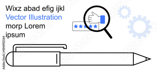 Business, quality control, feedback systems, customer service, productivity, research tools. Magnifier over thumbs-up and stars, pen and gears. Business and quality control concept