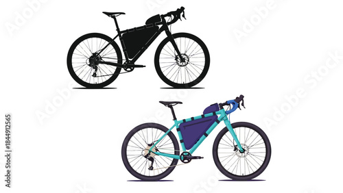 Two stylized bicycles a black silhouette and a teal colored bike