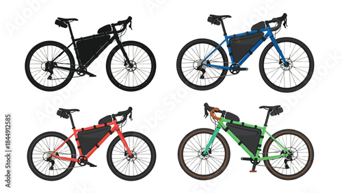 Four colorful bikepacking bicycles with frame bags shown in a minimalist style