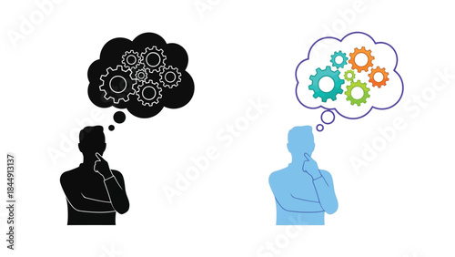 Contrasting thought processes depicted with silhouettes and colorful gear imagery