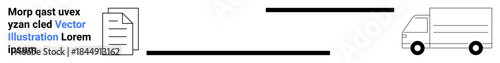 Logistics, delivery, workflow, document transfer, transportation, shipping. A document linked to a delivery truck by lines. Logistics and delivery conceptual connection