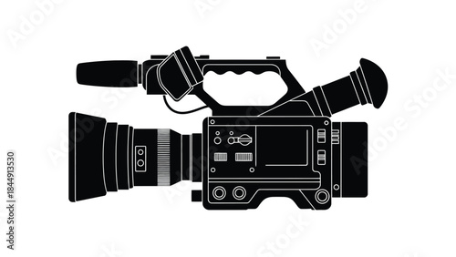 A sleek black and white illustration of a professional video camera