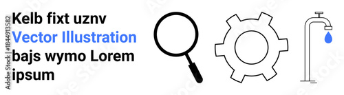 Magnifying glass, gear, and faucet with water drop focus on exploration, industrial processes, and resource conservation. Ideal for technology, research, engineering, innovation environmental