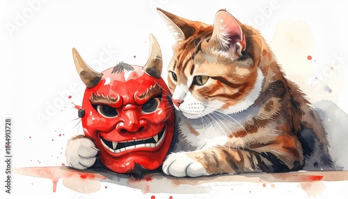 Watercolor Illustration: A Playful Tabby Cat Resting Beside a Traditional Japanese Oni Mask (Hannya Style), Representing Culture, Humor, and Feline Companionship