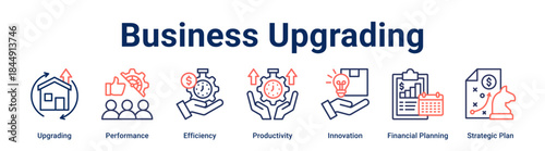 Business Upgrading banner web icon vector illustration concept for business with icon of Upgrading, Performance, Efficiency, Productivity, Innovation, Financial Planning, Strategic.