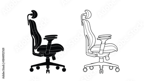 Black and white outline illustrations of ergonomic office chairs with headrests