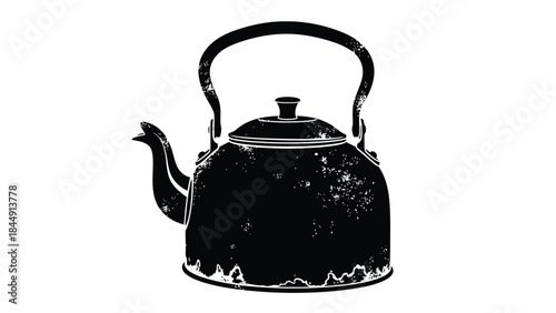 A vintage black silhouette of a metal kettle with a curved spout