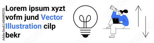Innovation, exploration, creativity, brainstorming, research, idea generation. Person looking through telescope, lightbulb icon text elements. Innovation and creativity with modern symbols