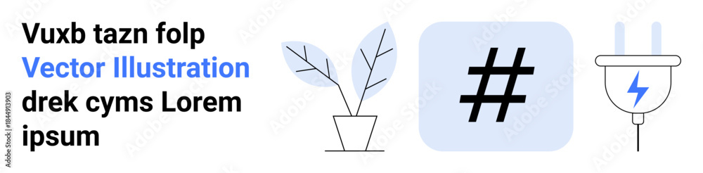 Obraz premium Potted plants, metadata tag icon, electrical plug with lightning bolt. Ideal for eco-friendly innovation, clean energy, social media trends, technology synergy, sustainability, modern design simple
