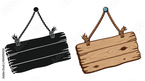 Two wooden signs hanging by ropes one black and one natural wood