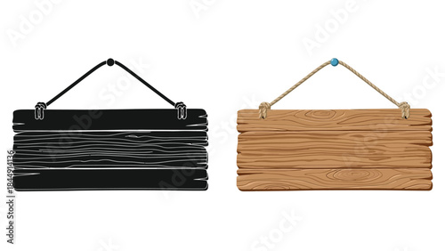Two wooden signs hanging with ropes one black and one natural wood