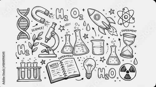 Science Doodle Art: Educational Elements & Lab Equipment Illustration