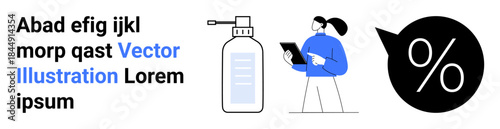 Hygiene, medical safety, retail discounts, health promotion, public health, sanitary practices. Masked healthcare worker with clipboard, sanitizer bottle percentage icon. Hygiene and medical safety