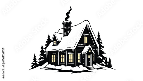 A snowy illustration of a cozy cabin nestled among pine trees