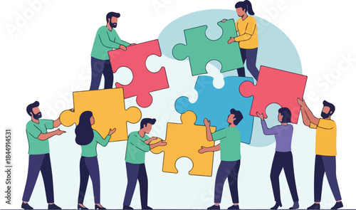 Diverse group of people working together to assemble colorful puzzle pieces, symbolizing teamwork and collaboration.