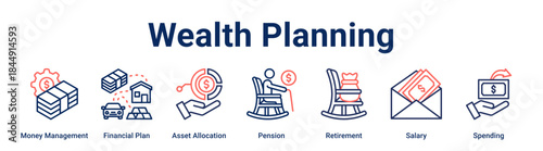 Wealth Planning banner web icon vector illustration concept for business with icon of Money Management, Financial Plan, Asset Allocation, Pension, Retirement, Salary.