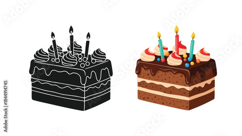 Chocolate cake with lit candles presented in color and outline versions