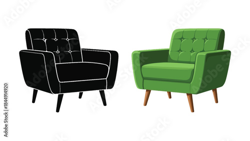 Two modern armchairs one black and one green presented in a simple illustration
