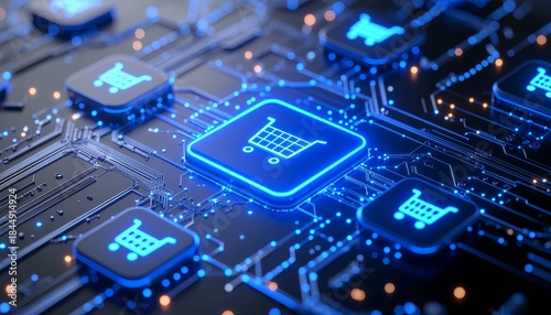 Futuristic Ecommerce Shopping Cart Icon on Digital Circuit Board
