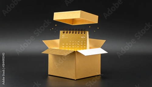 A golden calendar emerges from a luxurious gift box, symbolizing the anticipation and celebration of a special occasion.