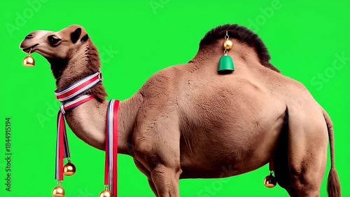 Festive Camel with Christmas Bells and Ribbons on Green Screen Background