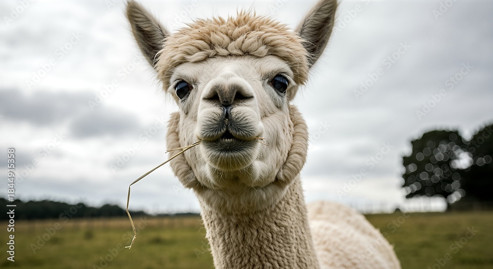 Fototapeta premium Curious White Alpaca Close Up Portrait in a Field.