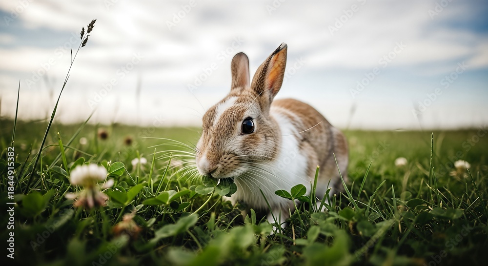 Fototapeta premium Cute Brown and White Rabbit Eating Clover in a Green Field.