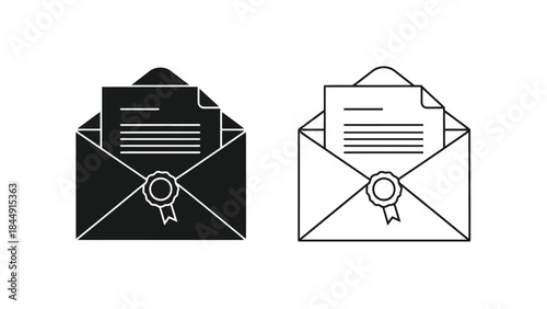 Two envelope icons with letters inside shown in contrasting black and white styles