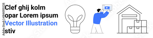 Light bulb representing ideas, person holding a video screen, and a warehouse with boxes. Ideal for innovation, technology, logistics, explainer videos, education, creativity e-commerce simple
