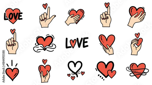 Collection of red heart doodles and hand gestures with LOVE text