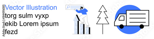 Business development, data analysis, logistics, transportation, technology integration, strategic planning. Person analyzing data on bar graph, truck icon tree symbol. Business development and data