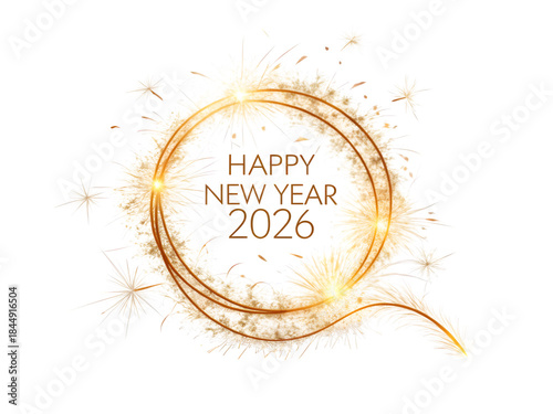 Warm golden sparkler trail forming a perfect glowing circle, tiny sparks radiating softly outward, centered clean “Happy New Year 2026” in modern typography, pure white background
