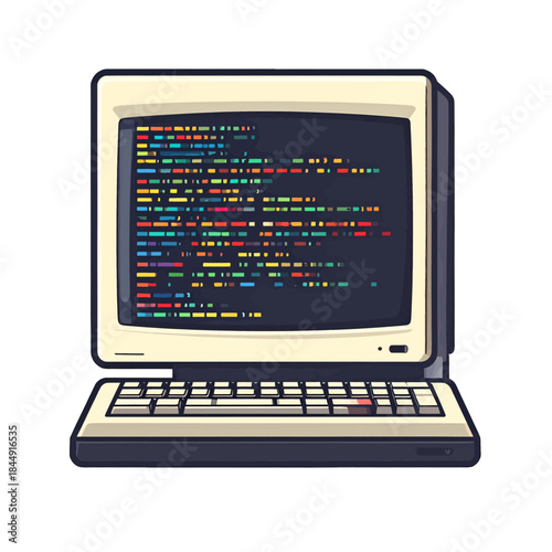 Retro Computer Monitor Displays Colorful Code on Screen with Cream Colored Casing and Keyboard Isolated on White Background