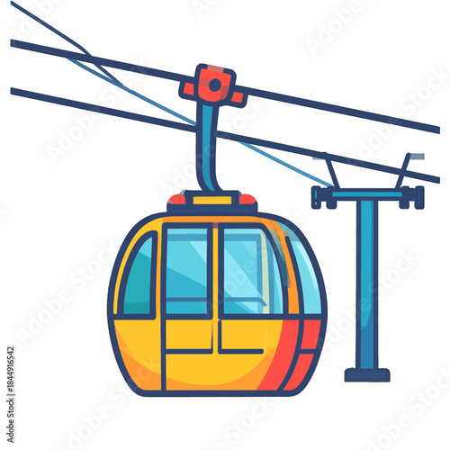Yellow Cable Car Gondola Traveling on Blue Sky Wire Transportation System Isolated On White Background With Red and Blue Accents